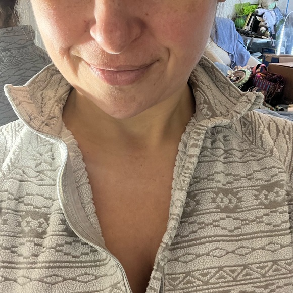 Y2K EDDIE BAUER AZTEC EMBOSSED NEUTRAL FLEECE SWEATER 1/2 ZIP SEXY WARM TOP M - Picture 6 of 17